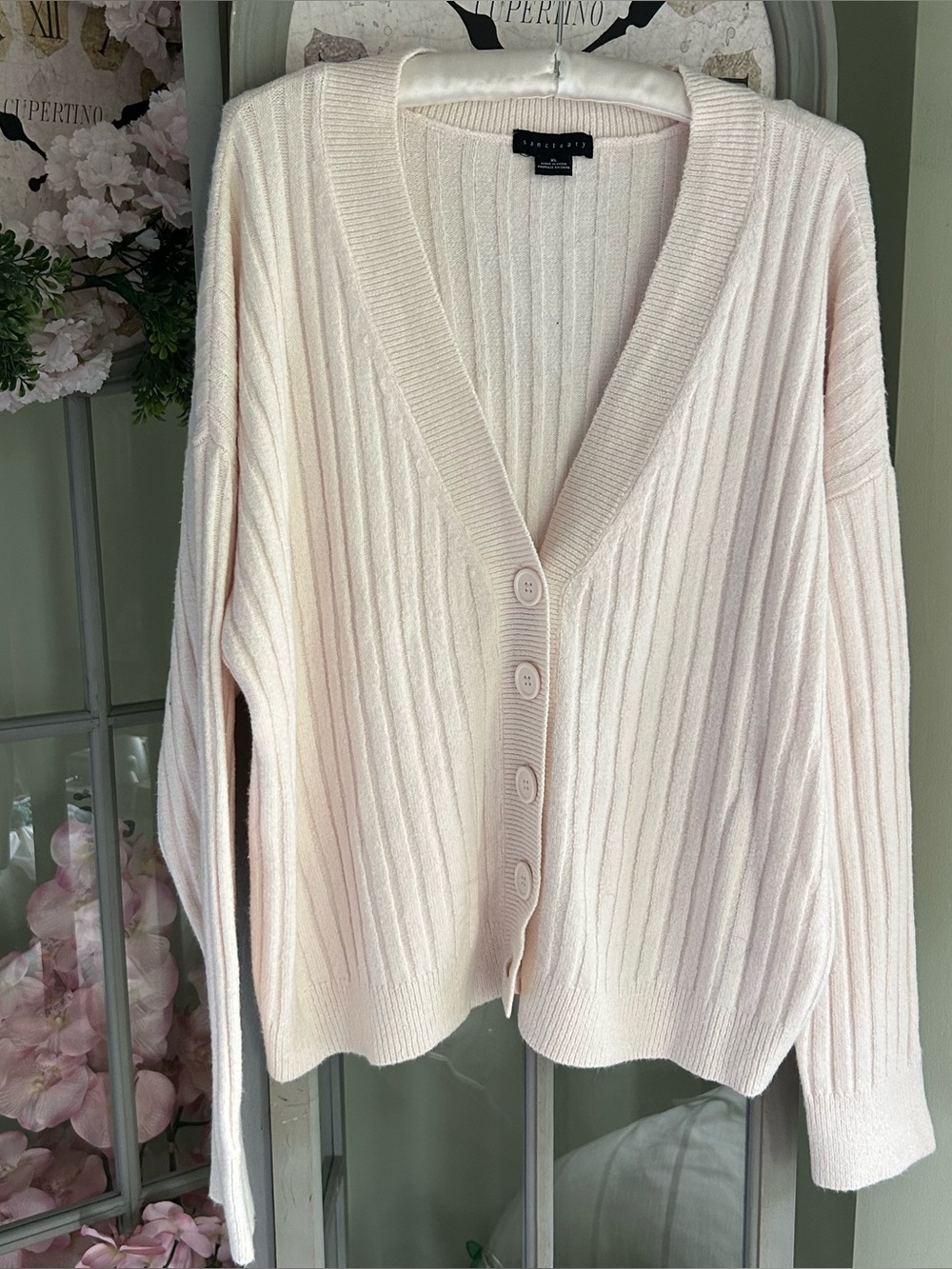 Sanctuary Cozy Seeker Ribbed V-Neck Cardigan Sweater Blush Cream